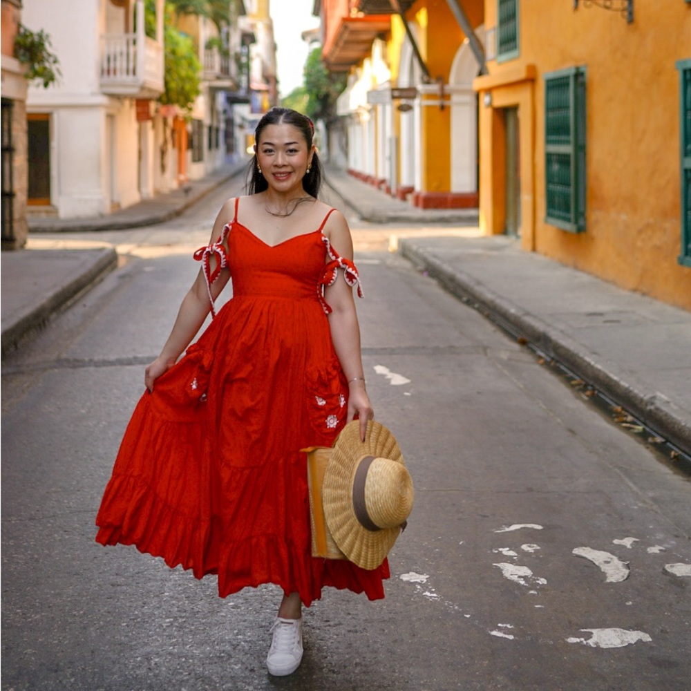 Summer red off the shoulder midi dress